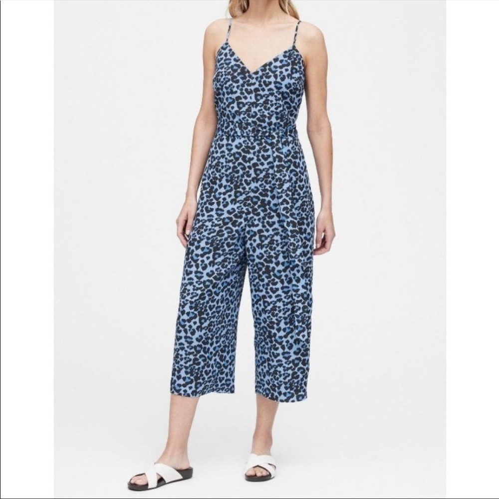 Banana Republic Blue Cheetah Wide Leg Cropped Jumpsuit